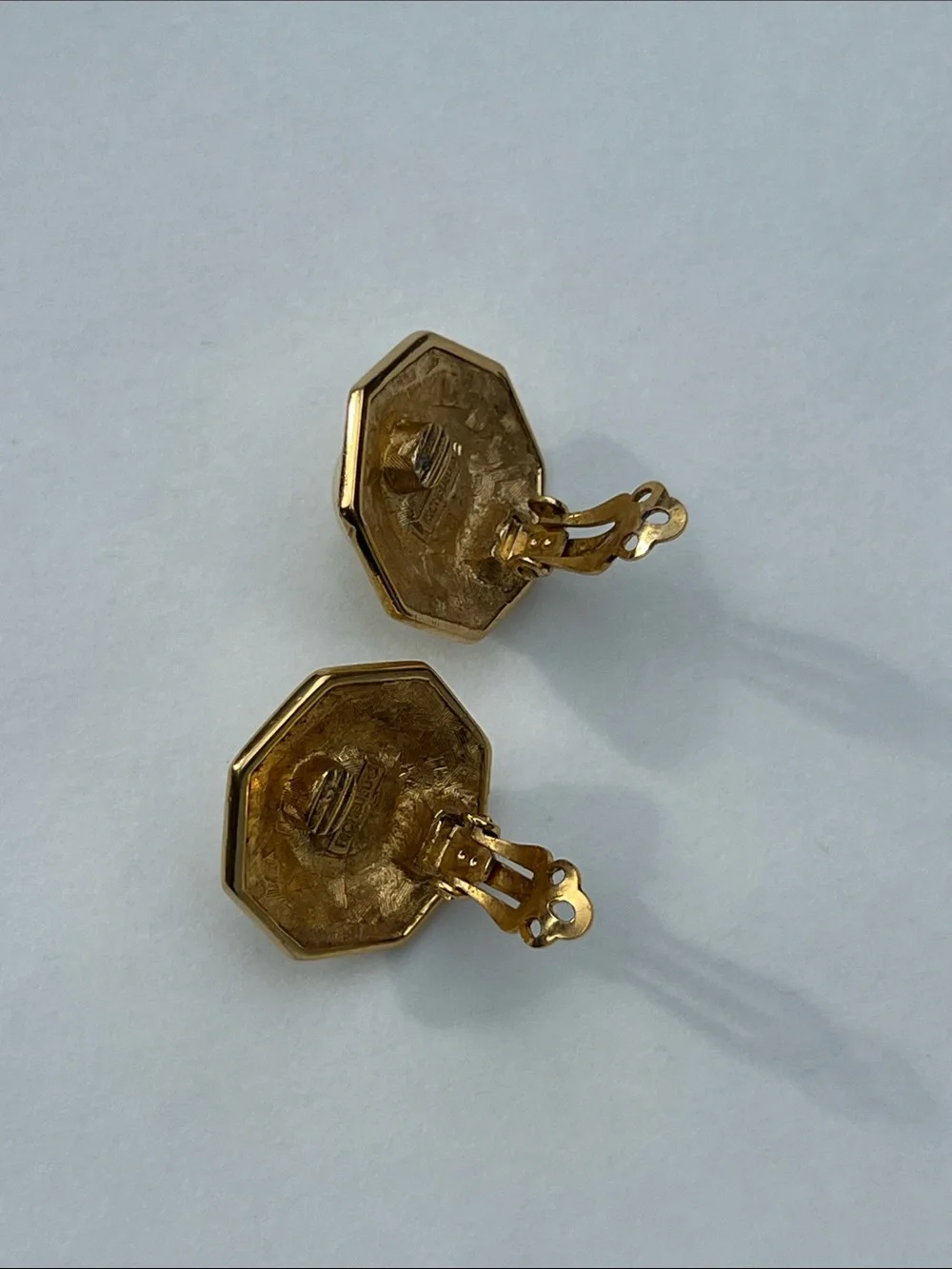 Gold Pearl & Crystal Octagon Clip On Earrings - Gold Tone Costume Jewelry